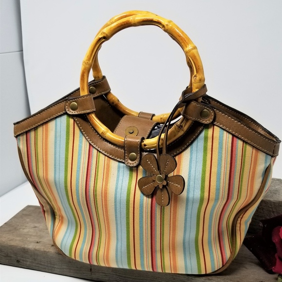 Relic Purse Striped Fabric with Bamboo Handle - Picture 1 of 7